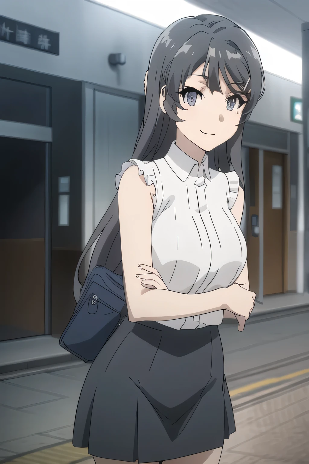 resting on a park bench，こちらを見て微笑んでいるnice smileの女性，big boobsと更にbig boobsを描いてください，a cop wearing a miniskirt，a woman with long dark hair ，A face is absolutely necessary，Sleeveless black woolen sweater，Hide your chest with a costume，High socks on my feet，Accurate representation of hands and feet，Draw something big ，，，nice smile，A face is absolutely necessary，pleated mini skirt，Can you draw a woman staring at a train，draw a picture of a woman standing in front of a car waiting，東京の地下鉄ホームでWaiting for a train女性は描けますか， ,congestion,Waiting for a train，Fun，Underground railway stations ，The sign hanging on the wall，{{X}},More delicate look        ，Walking Alone，                   city tour                   ,，（（（A woman with a nice smile looking at me {X} Tourist style casual clothes））），  ,（More delicate look を描きましょう），（sleeveless wool sweater），（ Pleated Legs，white panties），（That job is enough for 1 person {X} is very important for work）、。unless the job requires it。 {X}、 ,    An attractive 20-year-old woman taking off her uniform、jump off,                                  Big black wavy hair, ,   big boobs, thin waist ， ,   ，Faces are very important，
