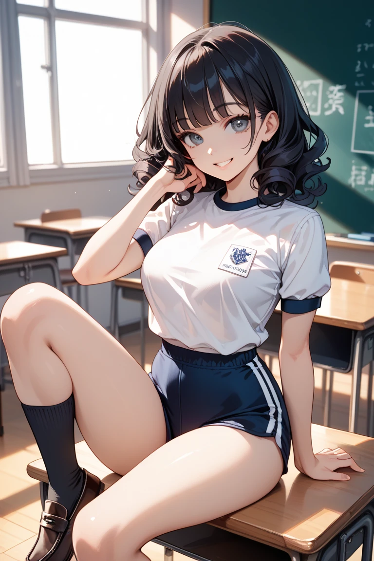 (Realistic, photo Realistic:1.2), ((highest quality)), Shift the center of gravity backwards, 1girl, hair clip, Thighs, View your viewers, School gym suit, , Bloomers, Adjust your shirt, (squat:1.2), classroom