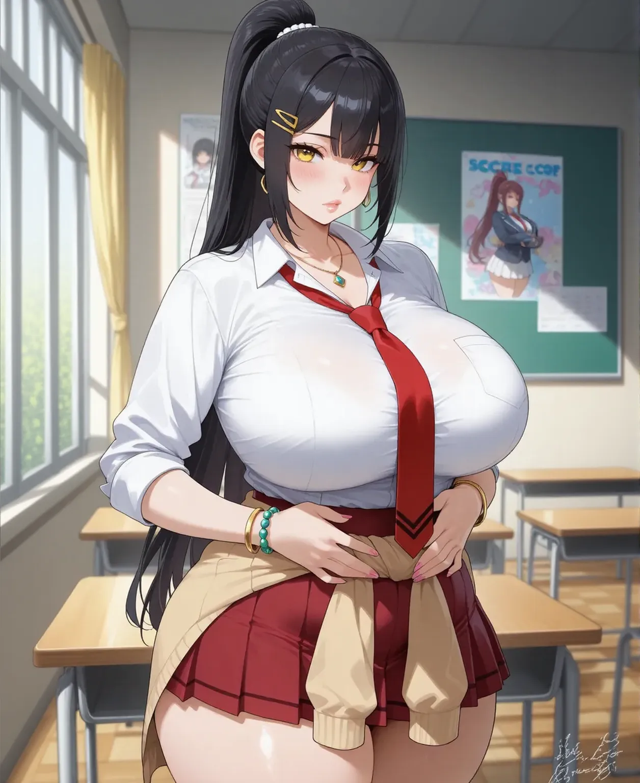 sexy girl, huge breasts, large breasts, curvy, black hair (straight bangs), brown eyes, long hair, female , school plaid short skirt, earrings, grinning, standing, classroom, indoor, solo focus, bright day, (multiple students)