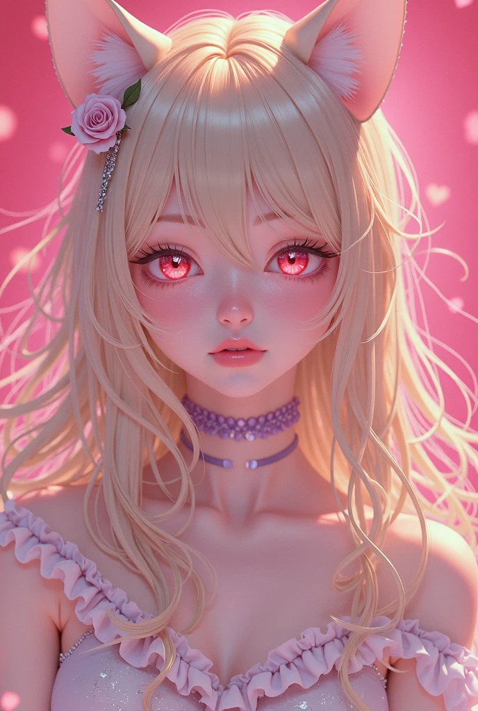 cat eye pupils iris of her eye, black red clothes, red glowing blood dripped roses, glowing flower feathers in her hair and eyes, glowing hearts circling her and a man, close up of upper body!!!!!, short hair, glistening makeup eyeliner eyes, wearing magical princess clothes, glowing blonde hair, glowing rainbow hair, roses pinned around her, slutty, gems, detailed portrait, anime girl wrapped in vines, glowing clothes, dripped out, random colors, detailed portrait, close up, close up of upper body!!! Space background with melting liquid, close up of face, detailed eyes