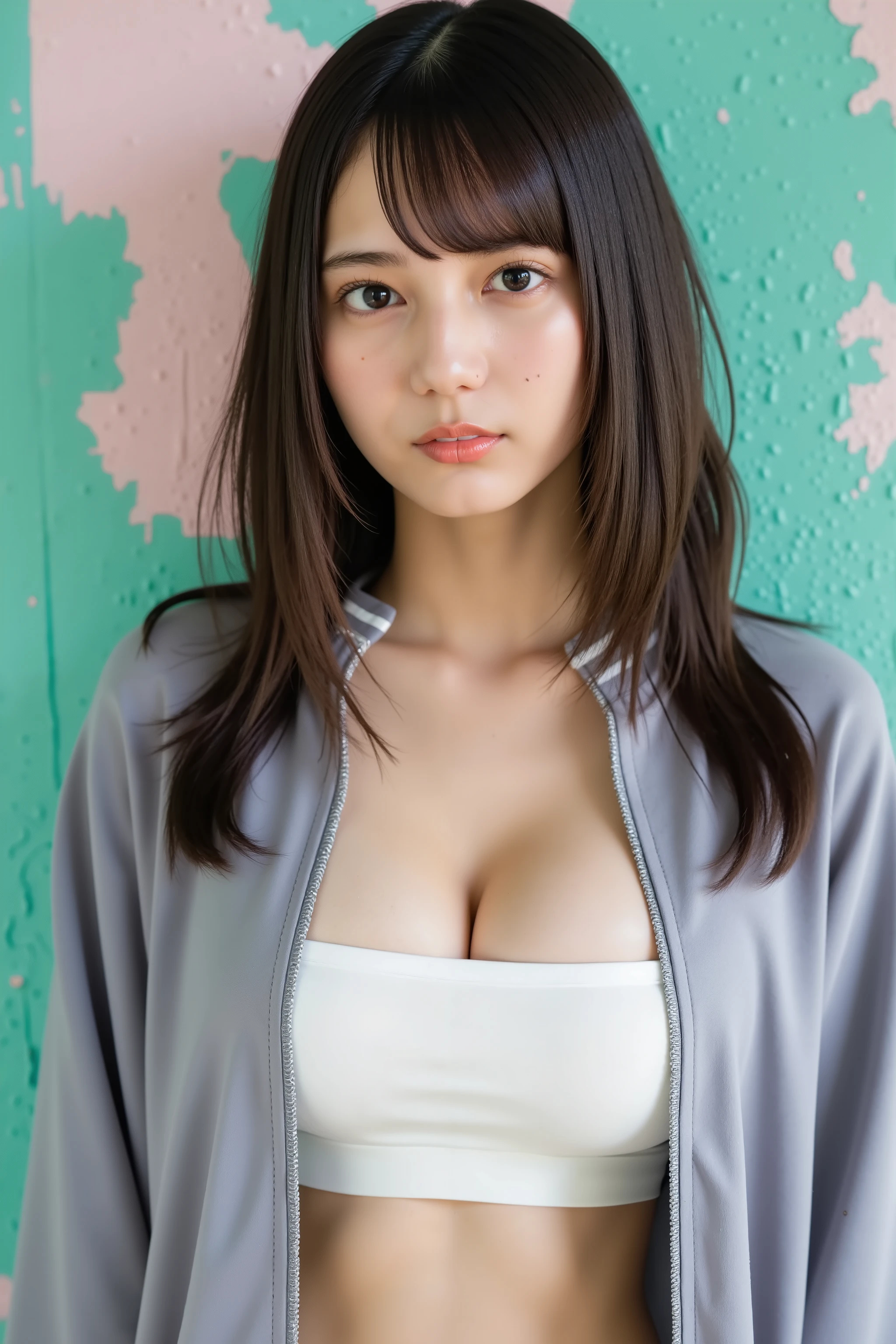 (((city:1.3, Outdoor, Photographed from the front))), ((Medium Bob:1.3,hoodie,Japanese women,cute)), (clean, Natural Makeup), (highest quality, masterpiece:1.3, 超High resolution), (Very detailed, Caustics), (Realistic:1.4, RAW shooting), Very detailed, High resolution, 16K resolution、(Large Breasts:1.2)、A little bit of her chest is visible、
