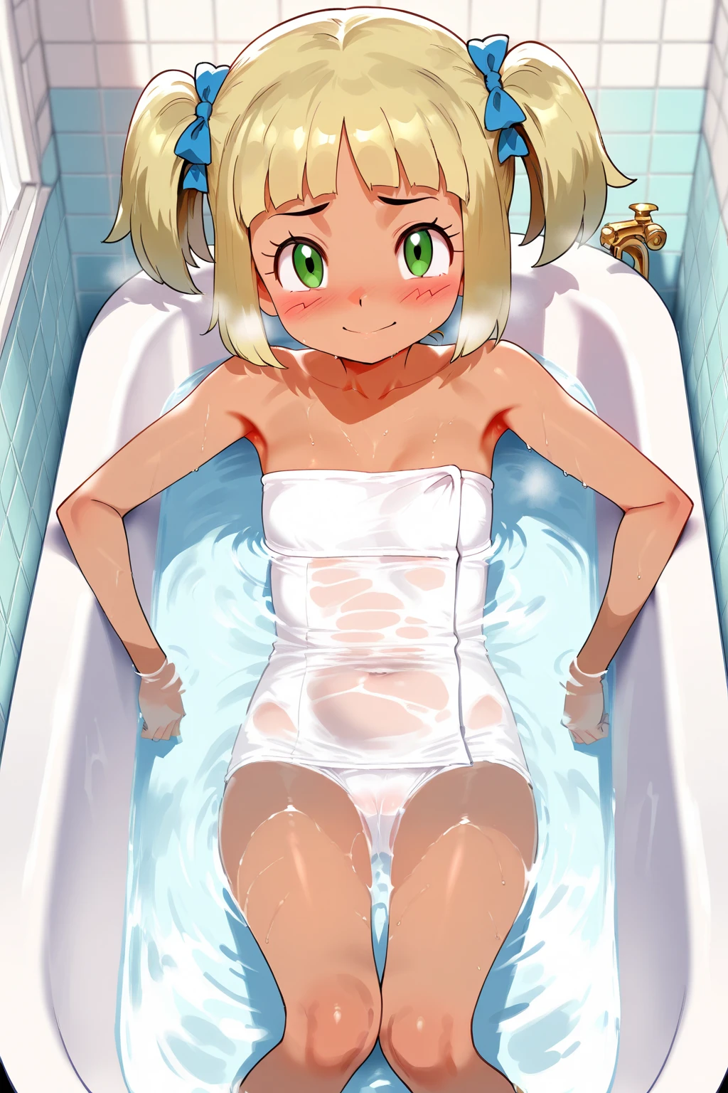 Browsing Caution,(1 cute guy),Sweat,White Breath,Pokémon,Lillie,Penis in the crotch,Large areola,Small breasts,blonde low twintails,Bathroom,Wash your penis with foam