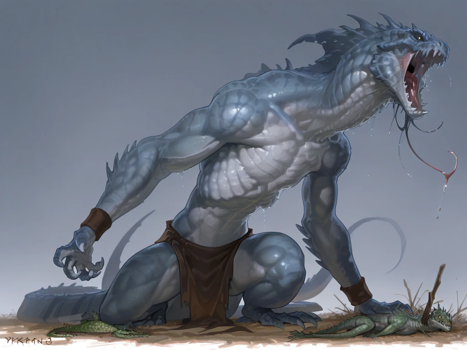 Artificial Intelligence Dragon Man，Full body like，Furry werewolves，A pair of dragon wings，All-black rubber shorts，Whole body body body body fluids，Black skin，Chemical and biological weapons，blue stripe，sharp talons，Lower body outflow fluid，Kneel，drools，In the middle of the island，Stick out her tongue，Lick，Master the magic，Ice on your hands，adolable，ssmile，Handsome，big wolf tail