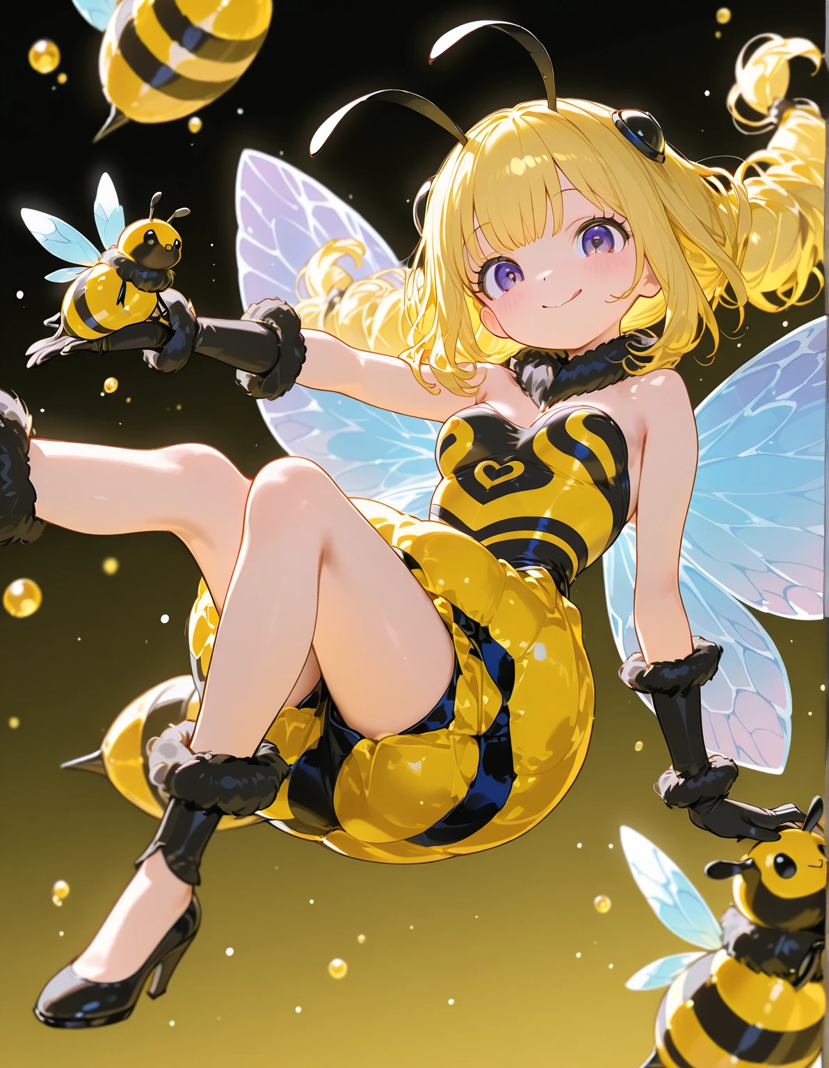 Sting is a yellow girl bee with black horizontal stripes all over her body, black antennae and legs, multicolor wings that have the colors green, blue, purple, dark pink, and yellow, a gold fluffy stomach, a white face, and red cheeks. SPARKLE; GLITTER