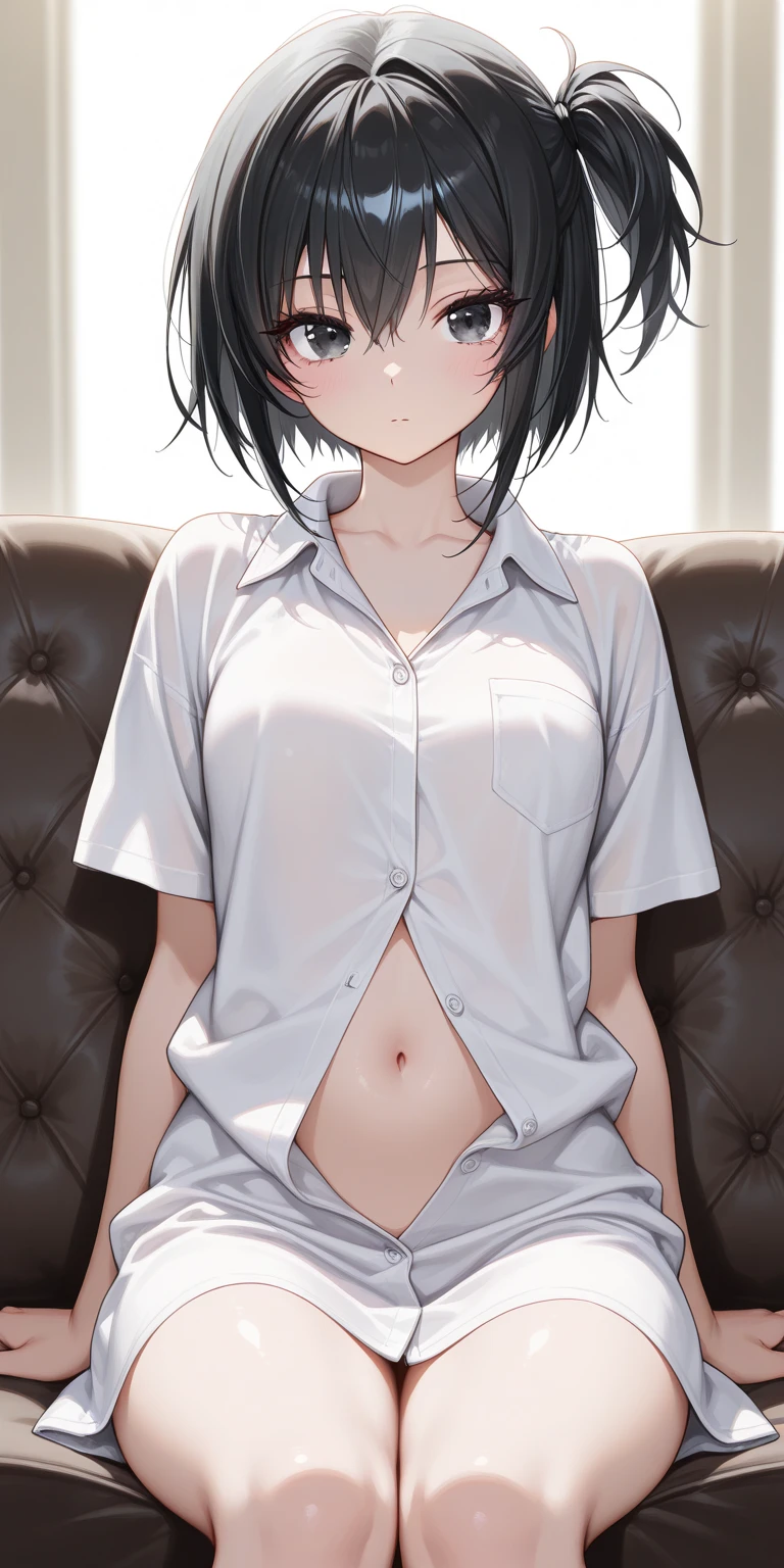 (1 person,alone), Beautiful woman, Anatomically perfect body, thin、(office lady、Short sleeve shirt、Loose bow tie, Highly detailed side tie panties), (Look down:1.2), (Pussy juice:1.1)、(Embrace your chest:1.2)、20-year-old、(highest quality)、Black Hair, short hair、 Messy Hair、Bedroom、(On the bed、Cutting seat:1.2), (8k, High resolution)、(shy:1.4)、(blush:1.1), Mid-chest, (steam:1.2), (embarrassed:1.2), Erect nipples
