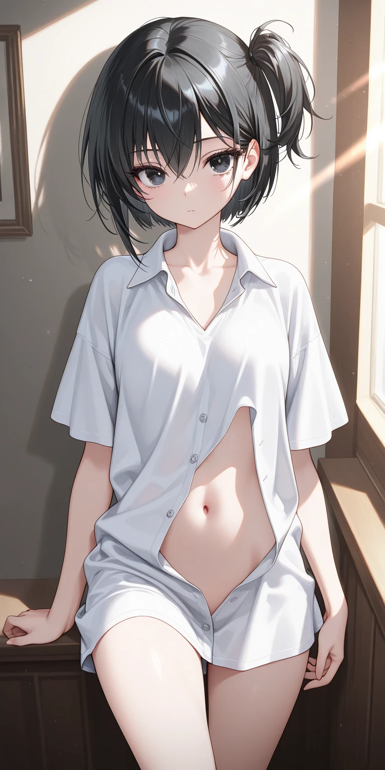 ((masterpiece, best quality)),((highres:1.2)), 1 Girl, solo, Blurred Background, (((Small breasts))), Thighs, (Stripe underwear), red bull T-Shirts, nipple, short hair