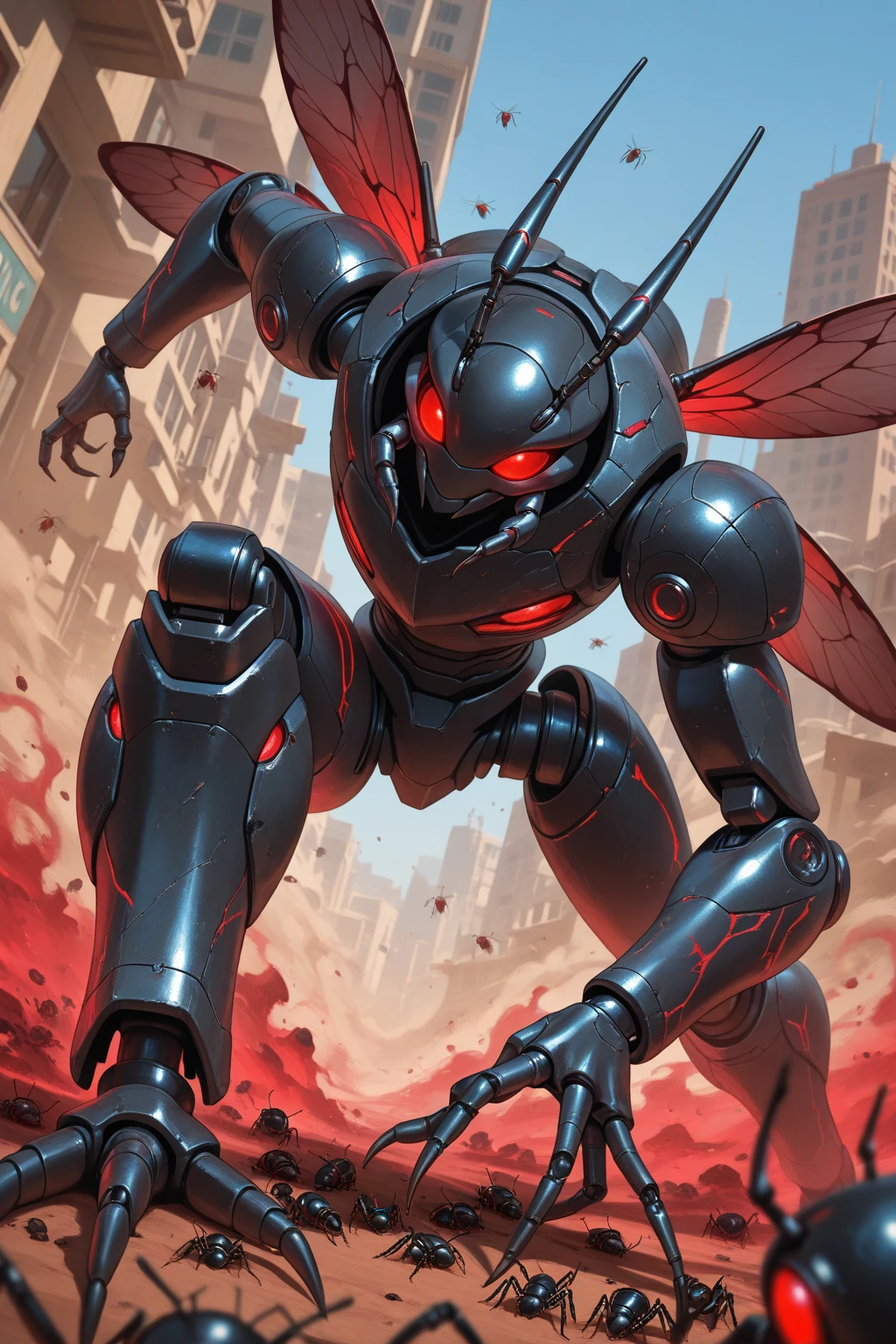 A cyborg assassin, with glowing red eyes, (neon cityscape:1.1) in the background, (metallic silver:1.2) color scheme, intricate circuitry detailing, (Death:1.25) archetype