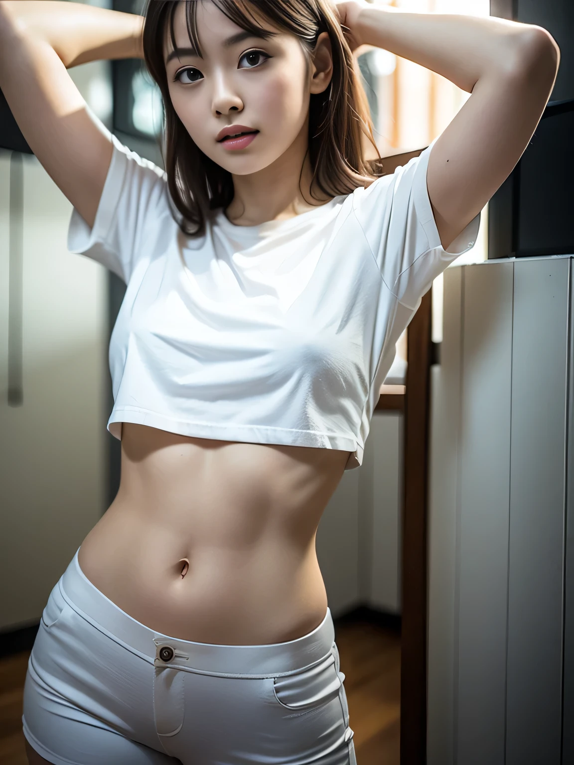 (((The color is dark navy blue only panties)))、((white t-shirts))、((1人))、((Pose cutely with your back))、((school hallway))、((18 year old beautiful girl))、((A slight smil))、((Outstanding style))、A sexy、Photorealsitic、Beautiful detailed eyes、Hyper-Realism、highcontrast、Ultra HD、realistic skin textures、Top image quality、top-quality、超A high resolution、Fine details、Very meticulously