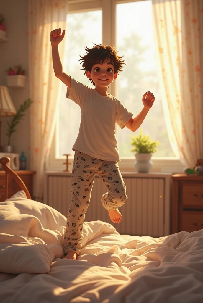 pixar style, a boy wearing blue pijamas running to the front door between two huge windows with flower boxes full of color flowers, cinematic, 4k