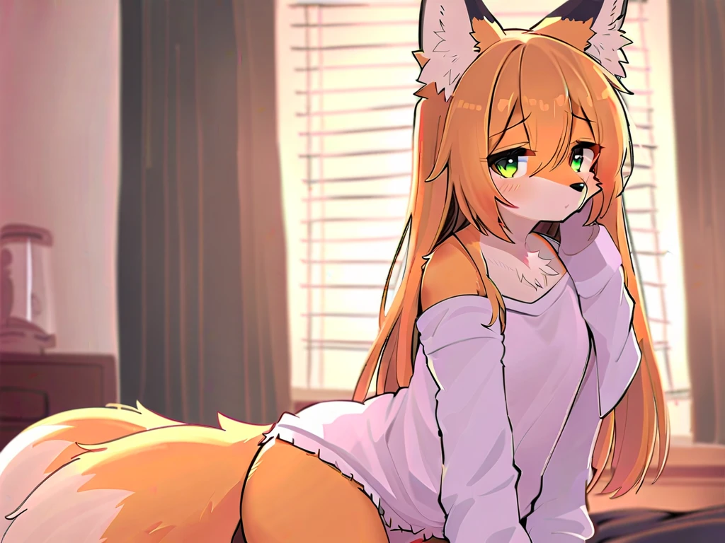 1 girl, one boy, boy pov,, girl on top of boy, furry, kitsune, cute face, ambient light, ultra detailed fur, volumetric light, orange hair, long hair, green eye, cute tail in background, naked, lustful, sexy, pink pussy, flat chest, dick in pussy, moaning, wet pussy, , cumming, cum on her, biting her lip, pleasure full, straddling on top of boy, girls eyes rolled back, pov of the boys eyes, girl moving up and down, sex, eyes looking up, arched back? 