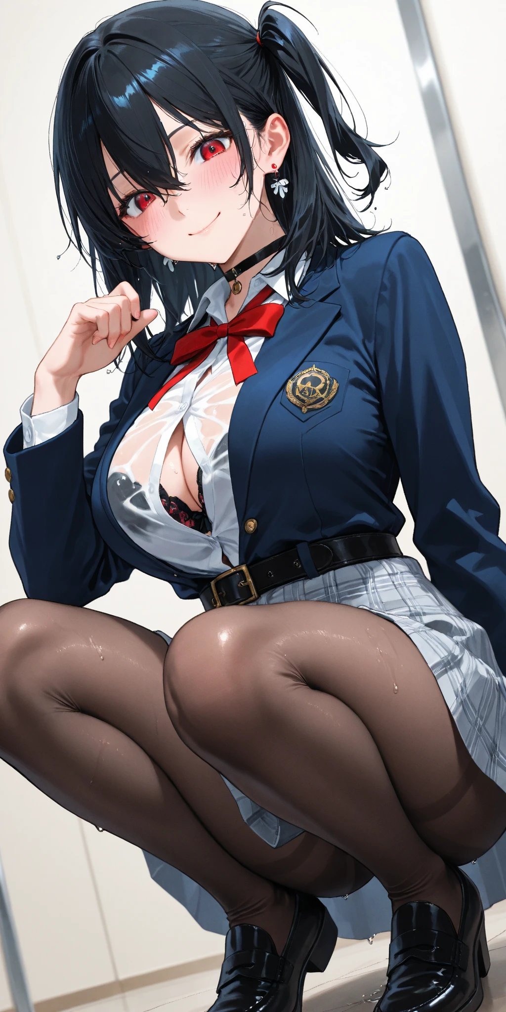 High resolution、High level image quality、8K、highest quality、masterpiece、table top、erotic、student、Light green Bra,white skin,knees,(black pantyhose),Detailed panty pattern、panties focus、absurd,small face、huge breasts、前hairを真ん中から分ける、I can see the forehead,(cold look<きついeye,glare,bullish,Thin anger),beautiful feces,one person, solo,glasses,,dark look,small breasts,whole body,丸glasses、cute、JK uniform,high school girl,japanese woman, Are standing,（Photoreal：1.37）、photon mapping,light blue ribbon,realistic、cutesmall face,茶色のeye、black socks、22 years old、(red bow tie)、radio city、Physically based rendering、Qianfang、depth of field rally background、picture,girl,beautiful feet, long legs, thin legs,long bob cut,(前hairが見える), hair, lips, green_eye, nose soft,(light blue shirt), (navy pleated skirt), kneesが見える,thin clothing,, thigh, black cotton socks,Nogizaka idol, , japanese id、キラキラしたeye、glossy lips、
