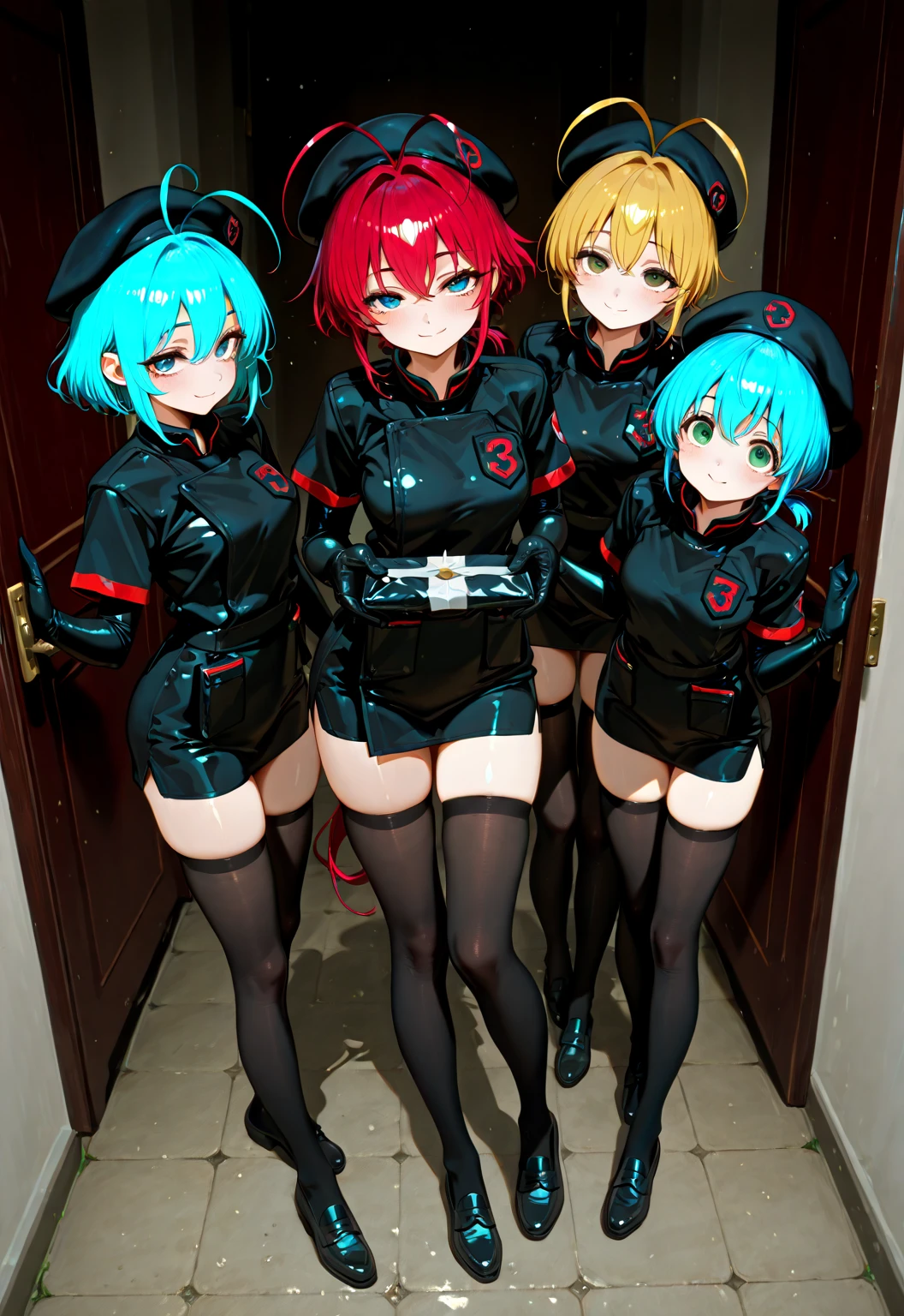 masutepiece,A hyper-realistic,32K,the Extremely Detailed CG Unity 8K Wallpapers, Best Quality,2 girls,Hamburger shop clerk,hugging big hamburger,(Wearing a colorful bikini:1.3),(Wear a latex mask:1.2),(Wearing the Latex Mermaid skirt:1.1),Beautifully shining silver eyes,rainbow hair,Full body painting, Inside the diner,evening glow,Latex Cape,(Wearing a leather flat cap:1.2),Smile,with a dish on hamburger