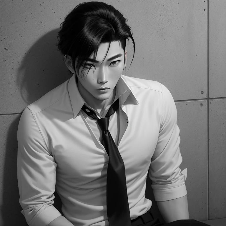 Muscular Asian boy with short hair, sitting on a metal chair on reverse, resting his left arm on the back of the chair, and his right arm inclined uphill, placing his index finger on his lips as a sign of silence..
