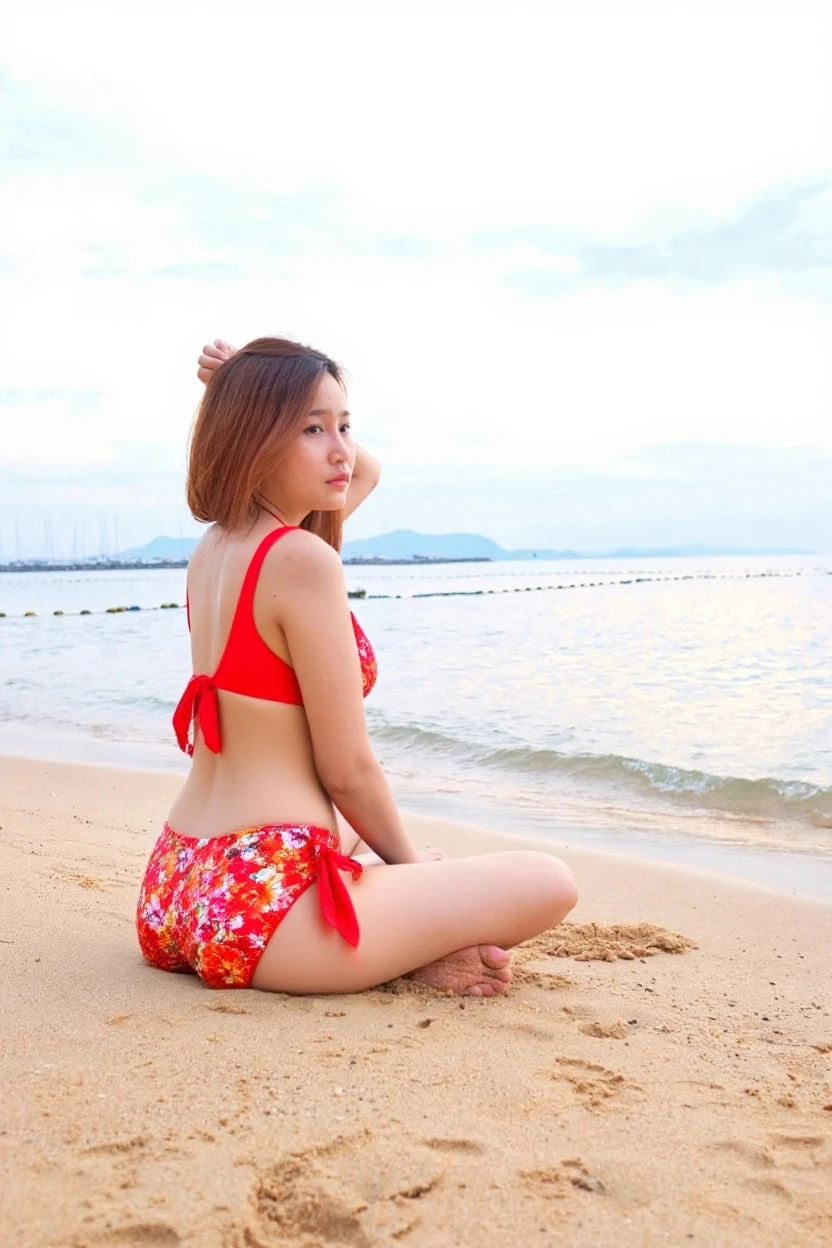 top-quality, masterpiece, high-detail, 16k picture quality,(35 year old),Beautiful woman elegantly wearing a bikini, (T back boom). (She is lying and sitting on the beach at sunset), Her gaze turned to us. her bikini hugs her figure, Flaunt your bust and perfect waistline. Her hair, Nice shade of light brown, falling like threads of silk surrounding her face.(full body Esbian~:1.3),(Backshots:1.3),Looking back and smiling,),(Selecting)