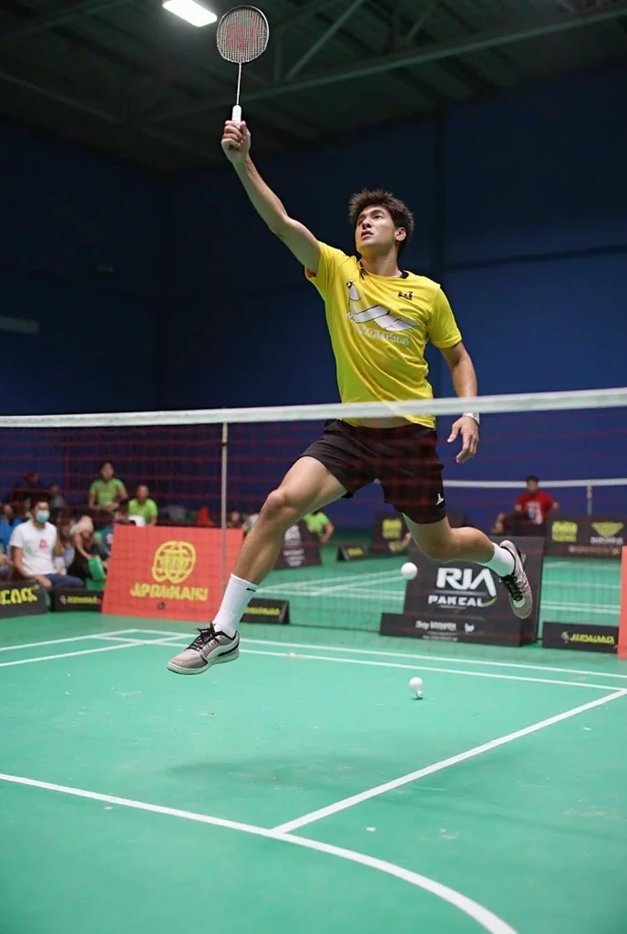 Make a badminton player with yonex racket.. Smash position