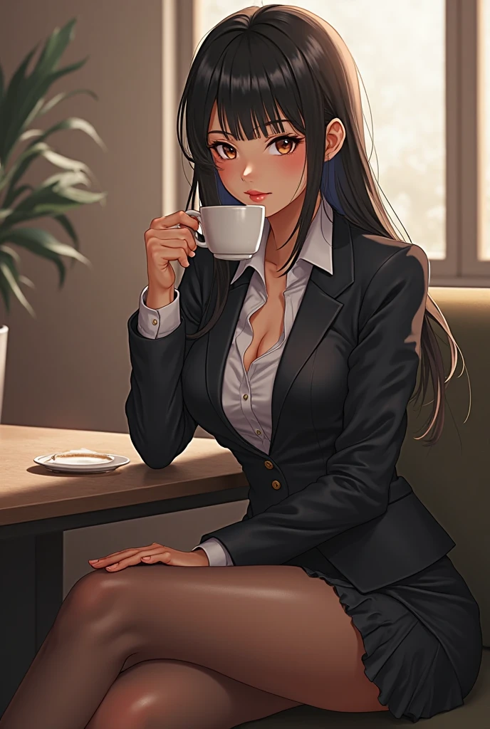 Asian female, wearing short skirt, pantyhose, not wearing shoes, no shoes, tight button down shirt , glasses, big tits, cafeteria、sitting at table, drinking Starbucks, modern office, huge windows. cityscape, smiling,