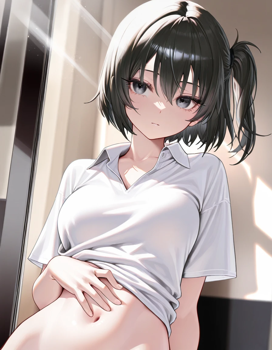 Cute girl with short black hair spreads her legs wide and inserts something into her crotch Mouth open, drooling, teary eyes, feeling Squirting