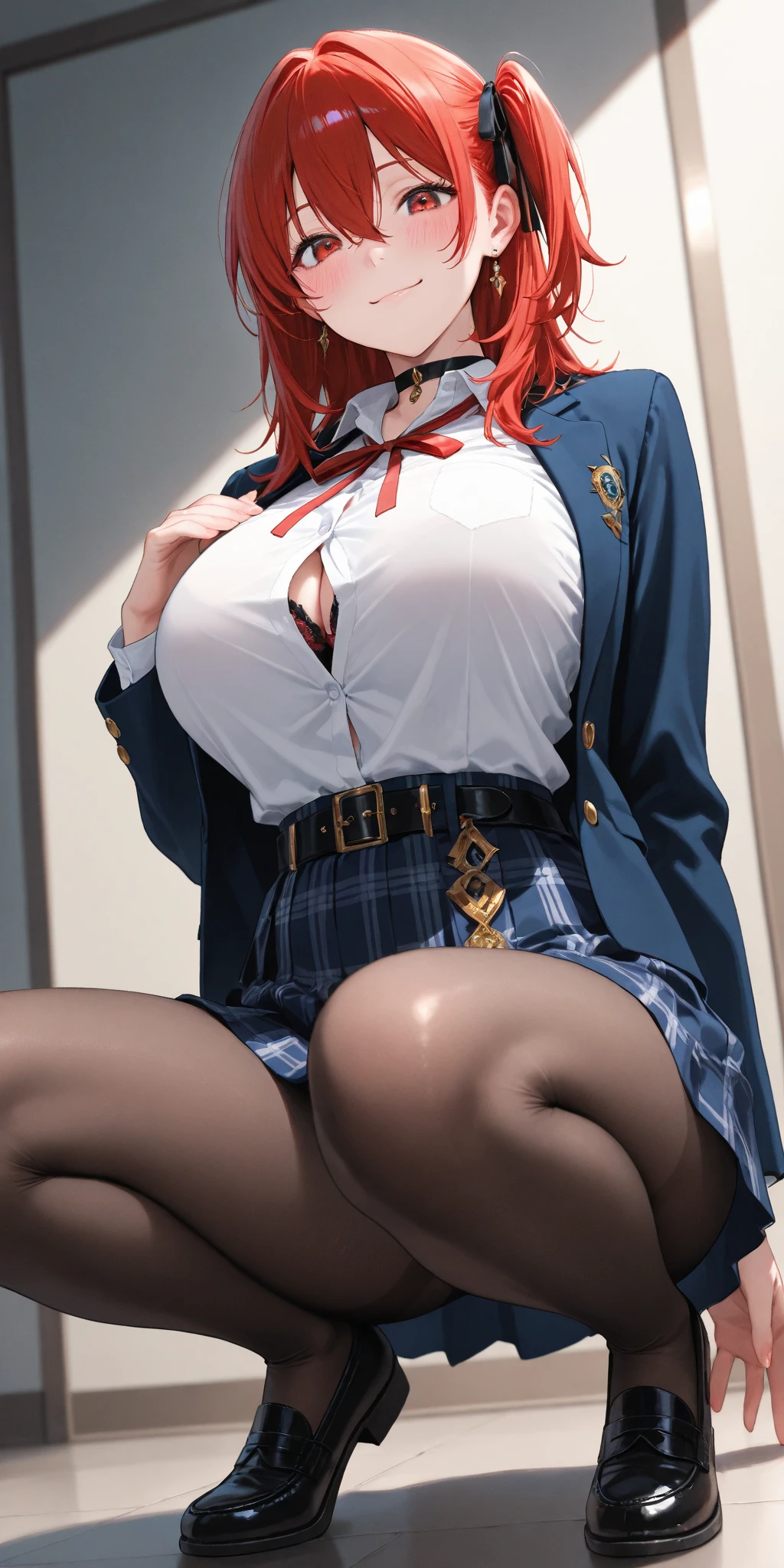 The most beautiful girl, red hair in pigtails, Accentuated super huge enormously gigantic with cleavage showing, school girl uniform school girl skirt and white thigh high socks, tattoo sleeves and piercings, sitting spreading her legs open showing her crotch, sexy seductive slutty horny pose, armpits, hot wet armpits, armpits, school classroom background