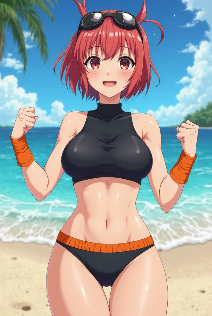（（（masterpiece、Highest image quality、highest quality、highly detailed unity 8ｋwallpaper）））、（（Illustration of one girl））、（（（beautiful girl）））、（（orange hair、side ponytail、sidelocks：1.2、orange eyes））、（（stocky build, thickset physique：1.3, muscular legs, broad shoulders, solid chest）））、swimsuit、sandy beach