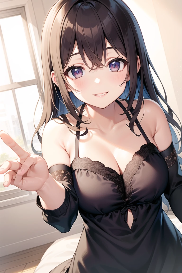 masterpiece, best quality, very aesthetic, absurdres, 1girl, sensitive, amiya\(arknights), arknights, looking at viewer, brown hair, bangs, rabbit ears, blue eyes, medium breasts, alternate costume, dress, plunging neckline, bare shoulders, Sitting on a bed, reaching towards viewer, blush, parted lips, indoors, night