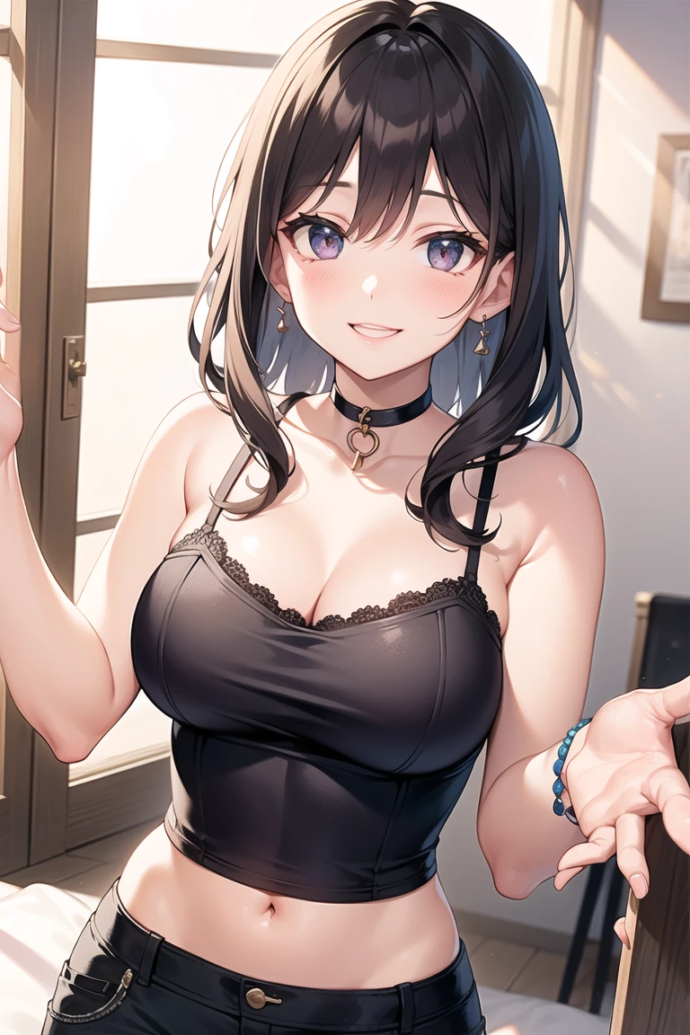32K, anime style girl, shiny jet black hair, with side ponytail, crystal blue eyes, daring 25 years, busty, neckline, (black bra), bloomed shirt , white shirt, mini skirt, of skin, with open mouth, lips parted, (blush:1.3), looking tantalizingly at the viewer, in front of the viewer, Living room background, leaning forward on the table, (to throw), bright Eyes, collar, earrings, wearing black choker, NSFW, in a nightclub with neon lights.