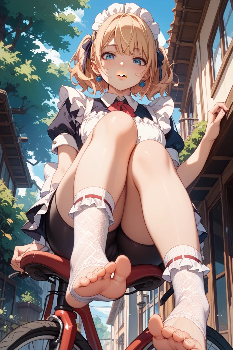 (masterpiece),1girl,foot focus, full body, looking at viewer, village, rain, clear sky, pale skin, blonde hair, short hair, blue eyes, serafuku, nsfw, footjob,