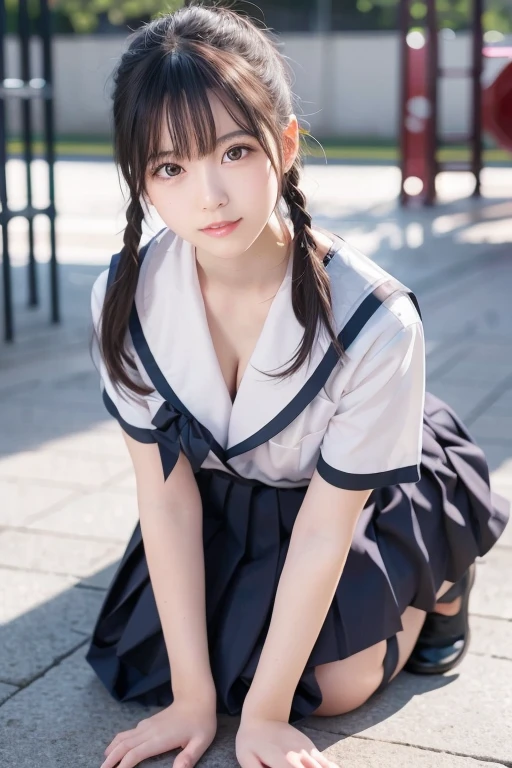 (((masterpiece))), (((Full body photo,Sitting on the ground with legs crossed))), (One beautiful Japan girl, Innocence,kawaii) ,超A high resolution, Realistic, ultra-detailliert, 8K,top-quality, Extremely detailed, blurry backround,A slender,very beautiful japanese girl, Detailed face:1.3), (Cute short hair,A dark-haired :1.4), (a baby face,kawaii系,adorable 14 year old girl), (Perfect body:1.1), (Neat sailor suit,Dark blue mini skirt、Dark blue high socks、lowfers), On the lawn of the park,キュートでkawaii笑顔,Please show me your beautiful teeth,((pantyshot,Panties of white color)),Engaging pose,rosy cheeks,Super Detailed Face、Detailed lips、A detailed eye、small gravure idol,Transparent skin、Lolita,japanese hight school uniform,Shade,Under a big tree,Photorealistic:1.37,no-makeup,Neutral Lighting,Looking up from the ground