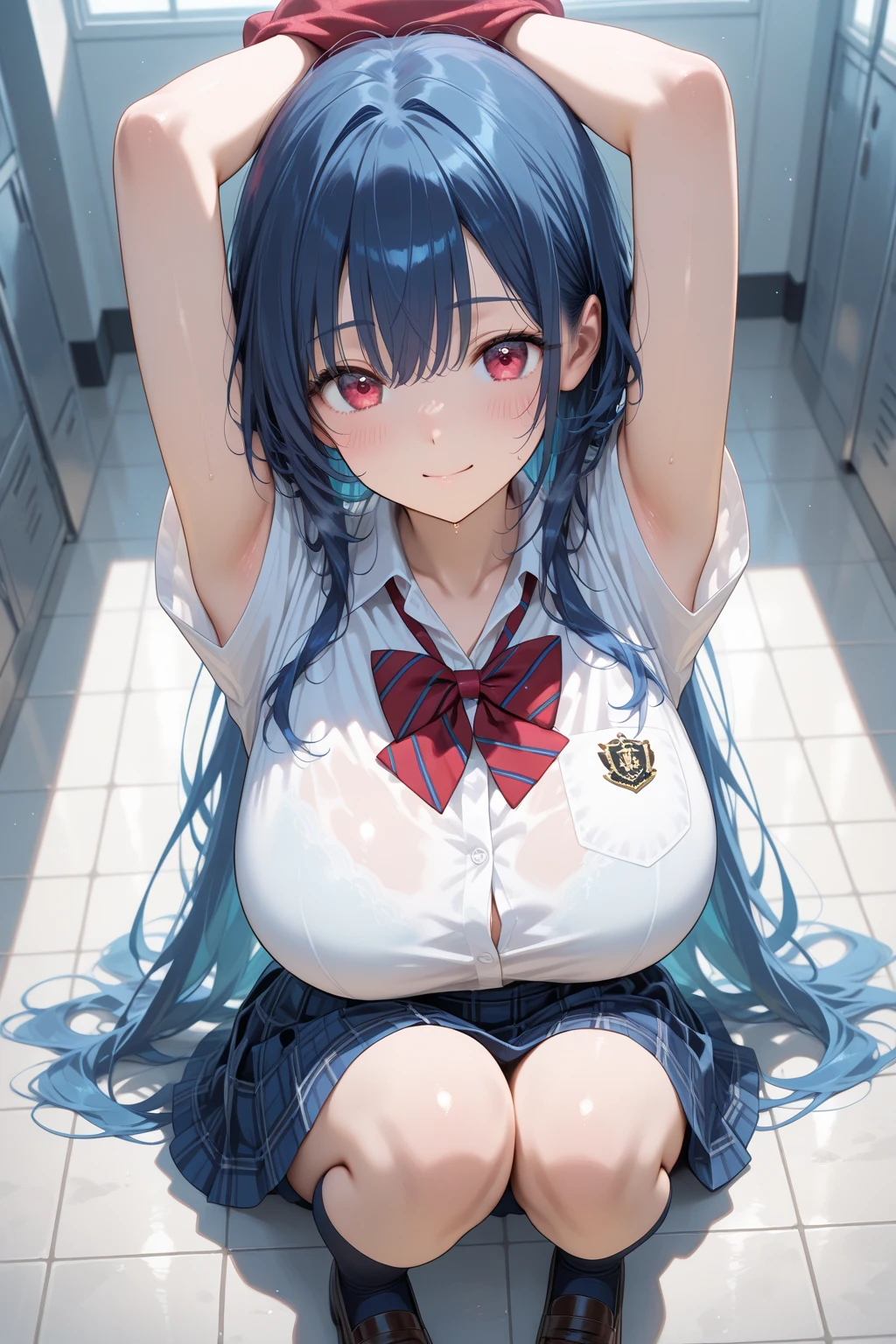 masterpiece,Highest quality,High resolution,Very detailed,One Girl,Long Hair,Side Lock,bangs,制服風のbody paint,body paint、学生服のようなbody paint、indoor,classroom,smile,(study:1.2),Corner masturbation、Split-toe knee socks、Pervert woman,Chair,Spread your legs座る,Spread your legs,、Soaked costume、Detailed costume、Fellatio gestures、Obscene gestures、Cheeky pose、Sweaty、Wet、blush、Wet、Transparent nipples、Woman in costume play、body paint
