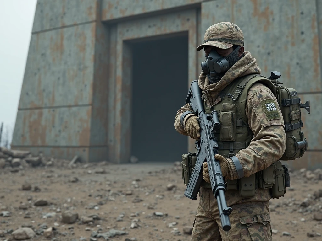 A soldier at war wearing a gas mask, in a destroyed scenario in ruins and zombies attacking the military base, 4 K. behance photo --auto --s2