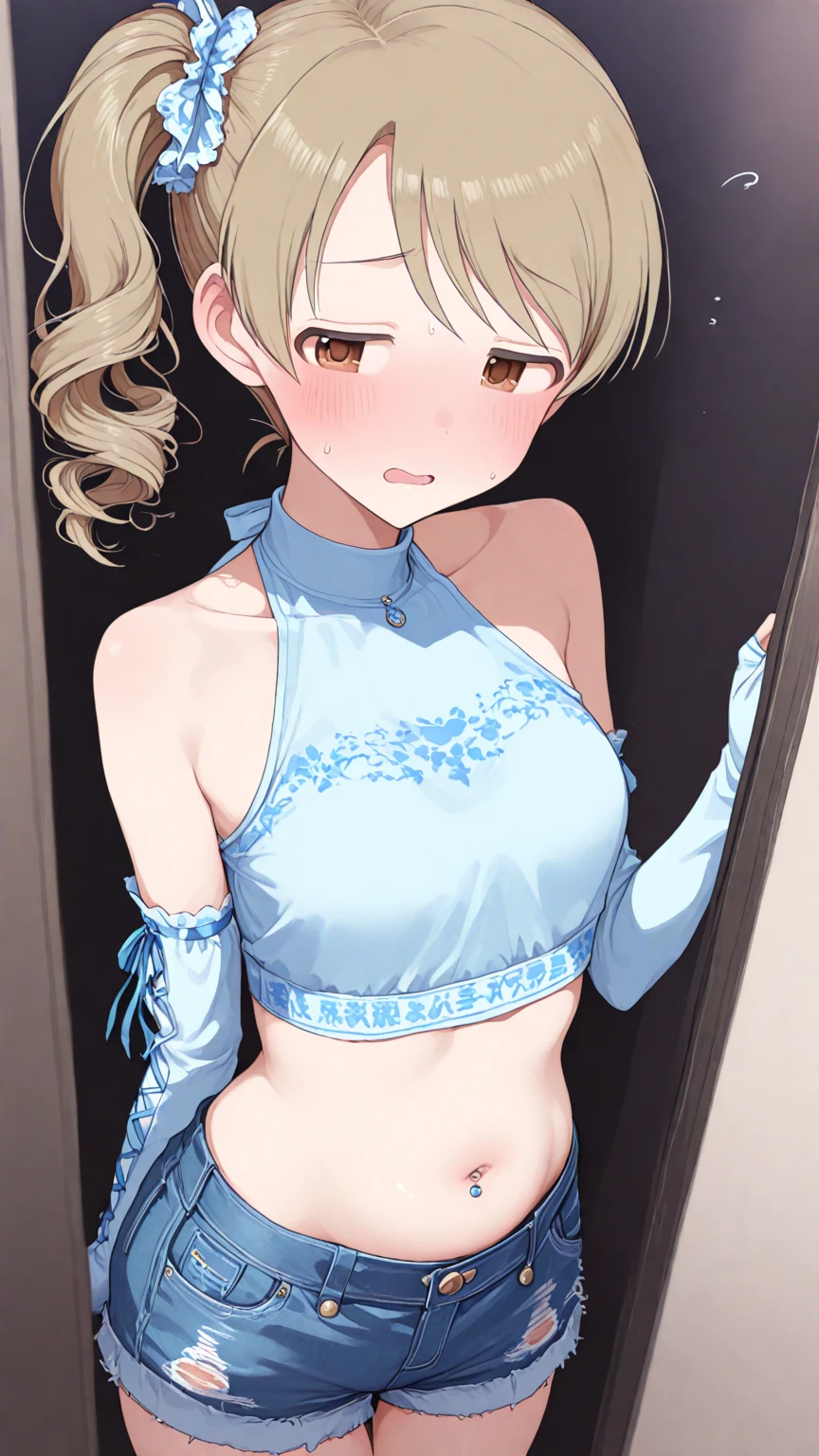(small breasts:1.2), (perky chest:1.2), (pointed chest:1.2), (Pudding cake magazine cover:1.3),(from above:1.0),(shoot from the side:1.1),masterpiece, 1girl, Amazing Cleavage:1.1, thin waist, optimum,tmasterpiece,hight resolution,best qualtiy,hyper HD,super detailing,awardwinning,a 18yo cute girl,(The upper part of the body),anatomy correct,Beautiful Black miniskirt,garters,Gaze,Small face,bangss,holster,Beautuful Women,hands up,leg holster,Gaze,black boots,Cowboy Shot,cute face,a blond,Longhaire,Twin-tailed,Braids, Hairline,(scarlet eyes),long eyelasher,Hanging eye corners,White skin of the, ((see through camisole:1.1)), ((Sheer nipples:1.0)),Rocket Tits,(Slim body),smile,seductive weak smiling,(with sparkling eyes and a contagious smile),little open mouth, Looking at Viewer,