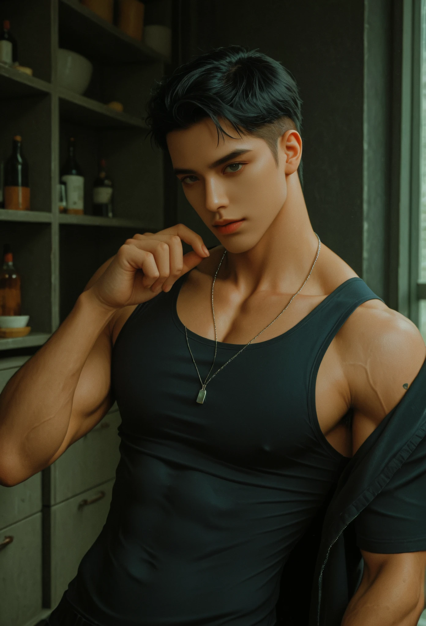 (8K, RAW photo, Highest quality),Realistic,2 handsome men，frontage，Intricate details，Extremely detailed eyes and eyelashes，Muscular male,Manly,Night sky,Soft lighting,Cinematic lighting,Portrait,Close-up,Lovingly，Exposing the pectoral muscles,Photo of black and blue eyes white gay male model, Blue eyes, Stand in front of a gray background, 22 years old, Lean, beefy, Short hair, Digital SLR, hyper qualit, Fujifilm XT3, Crystal clear, 8K UHD, High detail, Ultra photo realsisim, haar, Pubic hair, ((Realistic skin), ((pores)), ((highdetailskin)), volumettic light, groin, far,top-down view, complex 3D visualization, high detail, 1 handsome young man (nsfw) looking at the viewer (Pureerosface_V 1:0.6), 18 years old, pure, genuine human skin , (bare chest), muscles, vivid details, hyperrealistic, beautiful background (Medieval: 1,2), octane rendering, 8k, best quality, masterpiece, extremely detailed, computer graphics, unity, wallpapers (realistic, photorealistic: 1.37), stunning, fine details, masterpiece, Shirtless, athletic physique, slender, no body hair, wearing nothing, completely naked , Realistic, fully naked, nude, perfect , male , correct male scrotum, perfect scrotum, male structure, correct male genitelia, huge and veiny male genitelia, hard male genitalia, erect male genitalia,