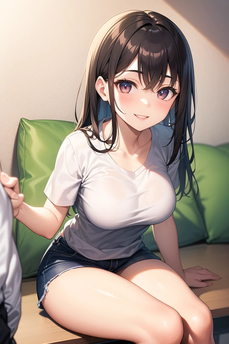 sitting, spread legs,  cum in pussy, cumdrip, toned, very long hair, (wavy hair:1.3), (brown hair:1.2), blue eyes, :3, blush
(tank top:1.2), dress, cleavage, downblouse, covered nipples, large breasts, shiny hair, (perky breasts:1.3), hairband
,  backlighting, choker, blue denim miniskirt. brown belt