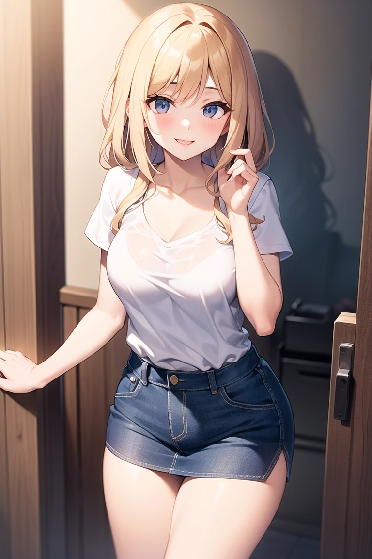 best quality,Ultra-detailliert,high resolution,extrem detaillierter CG,Anime-Bild,Unity 8K Hintergrundbild, blondes Haar,blaue Augen,Lange Haare,Zerrissene Shorts,white shirt,Geldbeutel,Nabel,Blick auf den Betrachter,Haarschmuck,smil,POV Door,Offener Mund,Denim,x Haarschmuck,Cyberpunk