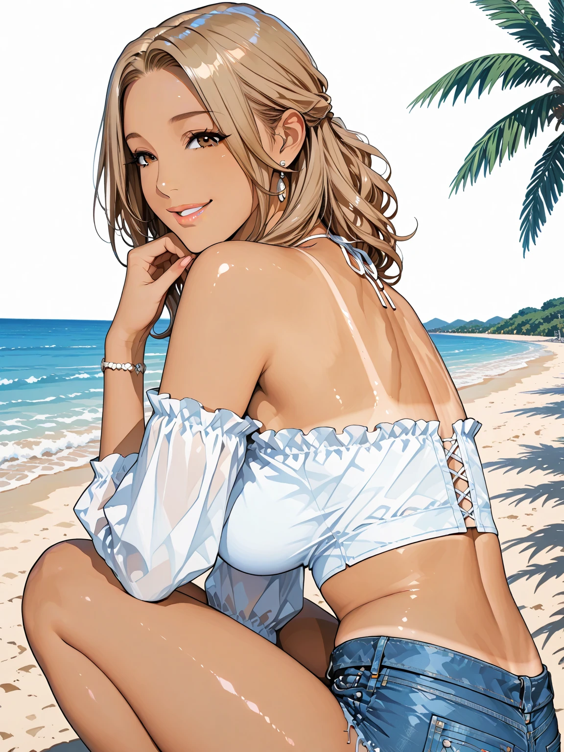 (8K, Raw photo, highest quality, masterpiece:1.2), (realistic, photo-realistic:1.37), Super detailed, 1 girl, cute, alone, beautiful detailed sky, night, sitting, date, (blush your nose), (smile:1.1), (open mouth), medium breasts, detailed and beautiful eyes, (collared shirt:1.1),, , (ultra long hair:1.2), floating hair, （mini skirt:1.3）、Long beautiful legs、Thin, slim legs、black shoes、Show your belly button、(slender body、Medium chest、Curvy and slim waist)、necklace、blonde、(I can see my forehead)、ultra long hair、white t-shirt、off shoulder、elf ears、Big shiny earrings、thong,tanga,G-strings, Visible underwear、camel toe、transparent cardigan、full shot、skinny body, FrT face、Slender girl、OL、JK、rippedDenimShorts、