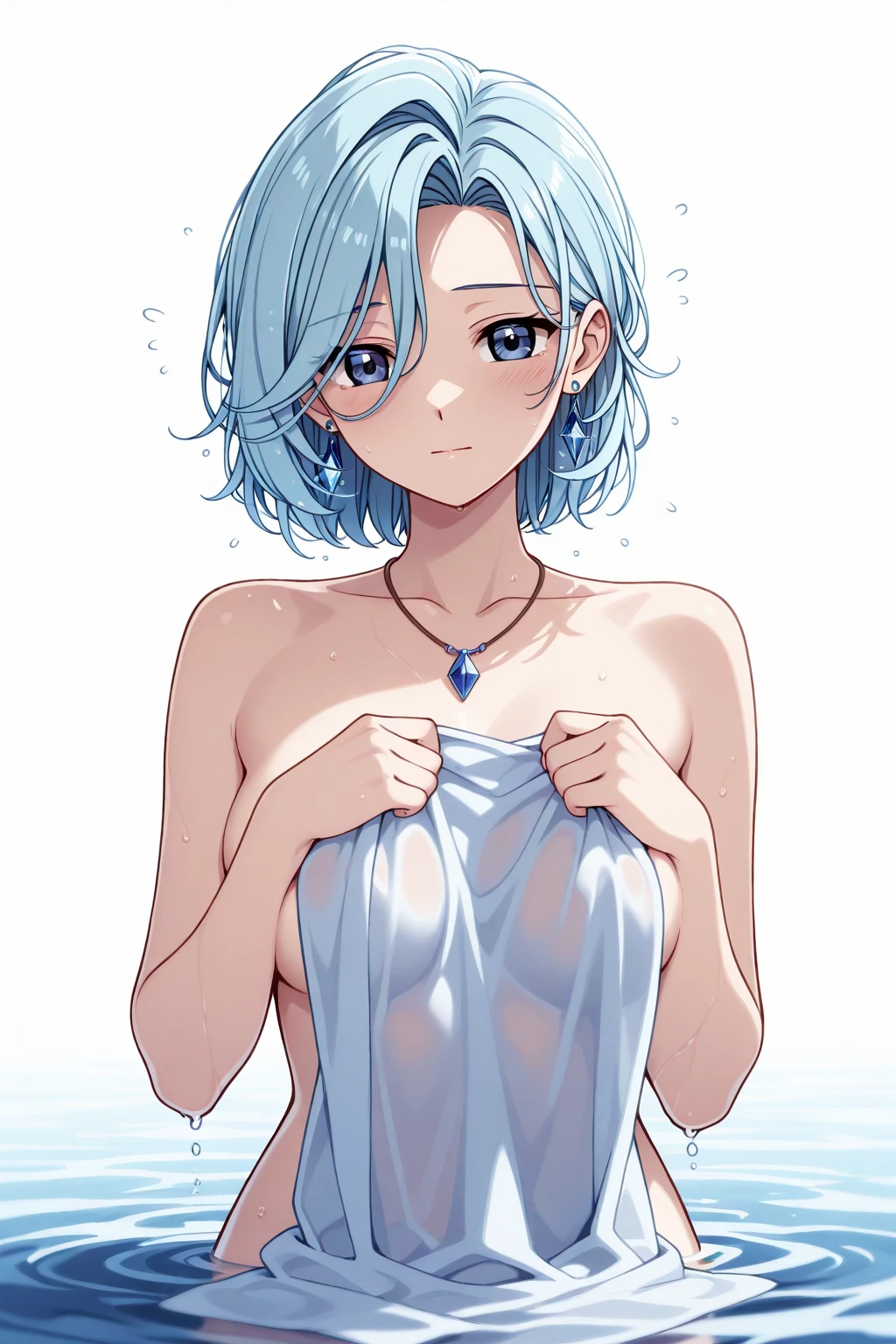 (musterpiece), (best quality), (score_9, score_8_up, score_7_up), very detailed eyes, expressive eyes, perfect face, very detailed face, highly detailed face, beautiful girl, 8K, beautiful girl, (white background:1.3), delicate and beautiful face and eyes, dark intense shadow, 1 girl, solo, vtuber style, cool girl, hololive, vtuber, amane kanata, multicolored hair, grey hair, short hair, purple eyes, naked towel, towel, off the shoulders, Healthy slim body, flat chest, soft chest, cleavage, clavicle, cameltoe, half-closed eyes, wet hair, wet body, ass visible through thighs, (whole body), sleeping face,standing, arm up, arm on forehead, armpit, look up, smile, from below, pov chest,