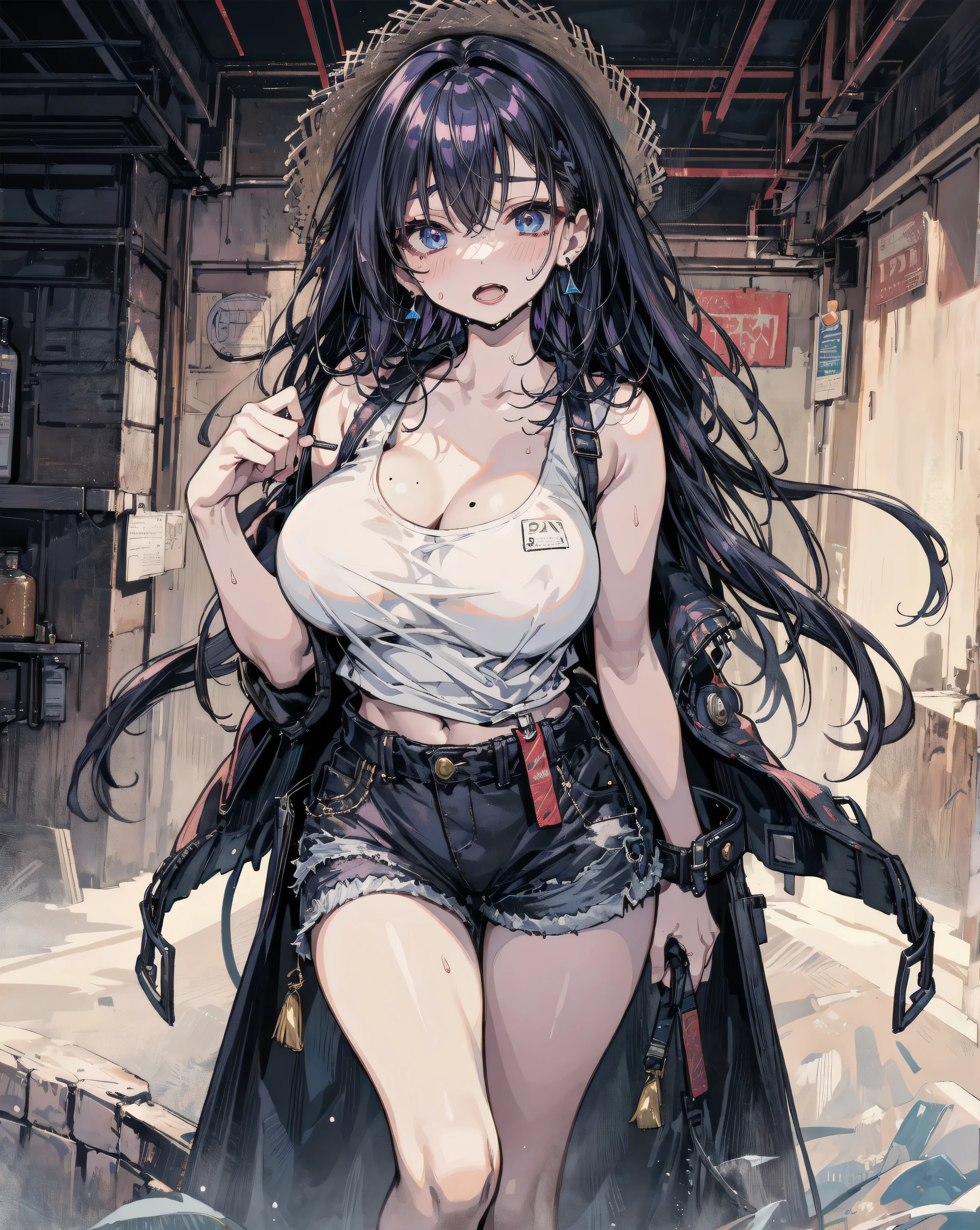 1girl, white background, red eyes, long hair, purple hair, bangs, jacket, crop top, mini skirt, large breasts, cleavage, soft stomach