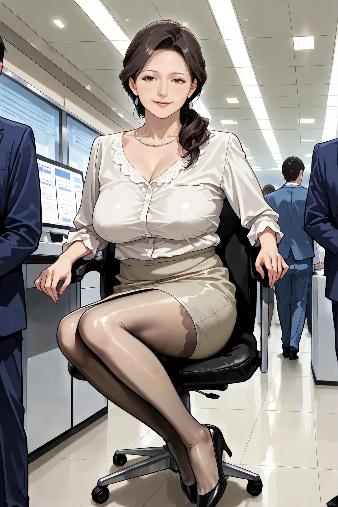 Anime girl sitting in chair holding rimless glasses, safe to work, oppai, New Xiangcheng, anya from spy x family, thicc, SFW, an oppai cyberpunk, seductive anime girls, at pixiv, cleavage, breasts covered and sfw, biomechanical oppai, Large breasts,a matural female,black lence stockings,Pointed-toe heels,Tilt your legs,high and cold,Strong,wearing a strict business suit,office clothes,Dress neatly!!,Yandere。Tall guy, Business attire, full body portrait of a short,Skirt that wraps hips,Business Girl