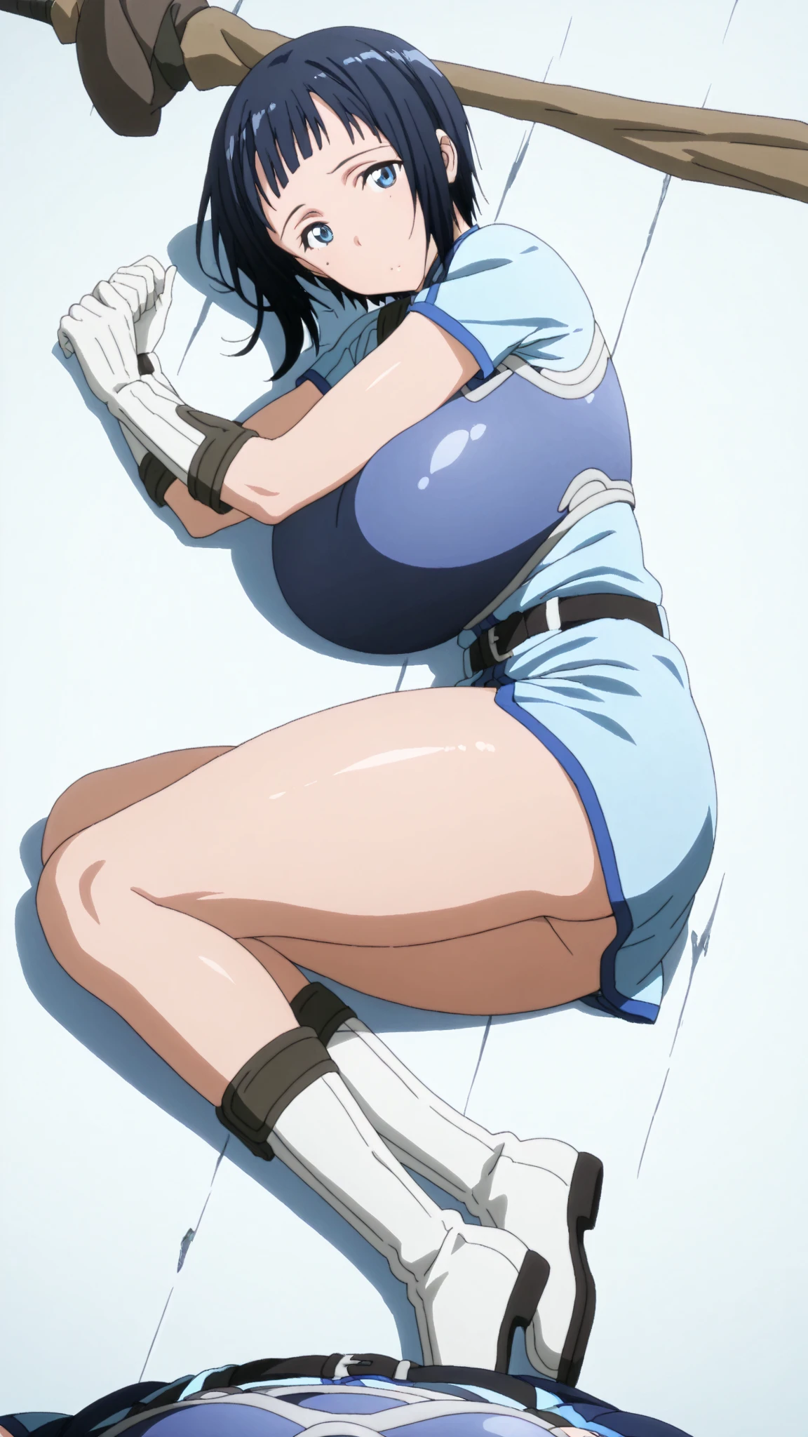 アニメ,Perfect Anatomy,Suguha Kirigaya,1female,crossed eyes,(rolling eyes),open mouth,(tongue out),(crying),white highleg leotard,((micro skirt)),short hair,large breasts,(slim body)