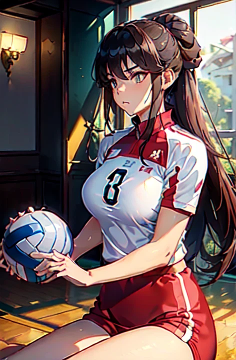 Only one female, /(Volleyball Uniforms/), Dynamic pose, /(Light brown hair/) bangs, (A look of determination, Turn your back), (Top quality masterpiece:1.2) Delicate illustrations with super detail, break /(Indoor volleyball court/)