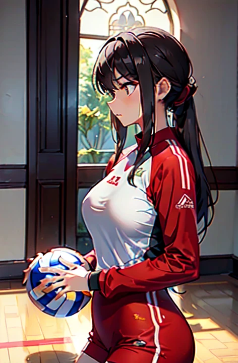 girl, sexy,soccer player,red football shirt,long hair,full body,red hair,