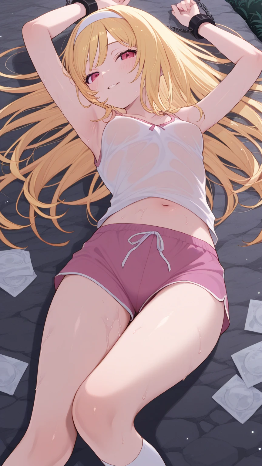((Masterpiece)), (Best quality)), Illustrations, Lots of girls, Hair color, Bangs, Hairstyle fax, Portrait from the waist up, (((slightly smaller than average)), Tanned girl, Body details, T-shirt, T-back swimsuit, Girl, Dull long blonde hair, Blue eyes, Dull bangs, Lying on your back, Hands behind your back, Close mouth, Hopelessness, Portrait of face taken from crotch, Zoom to crotch, sweat, breasts pushing up clothes, slap face on buttocks, plastic bottles, wet mattress, room with messy clothes, non-shiny swimsuit, separate swimsuit