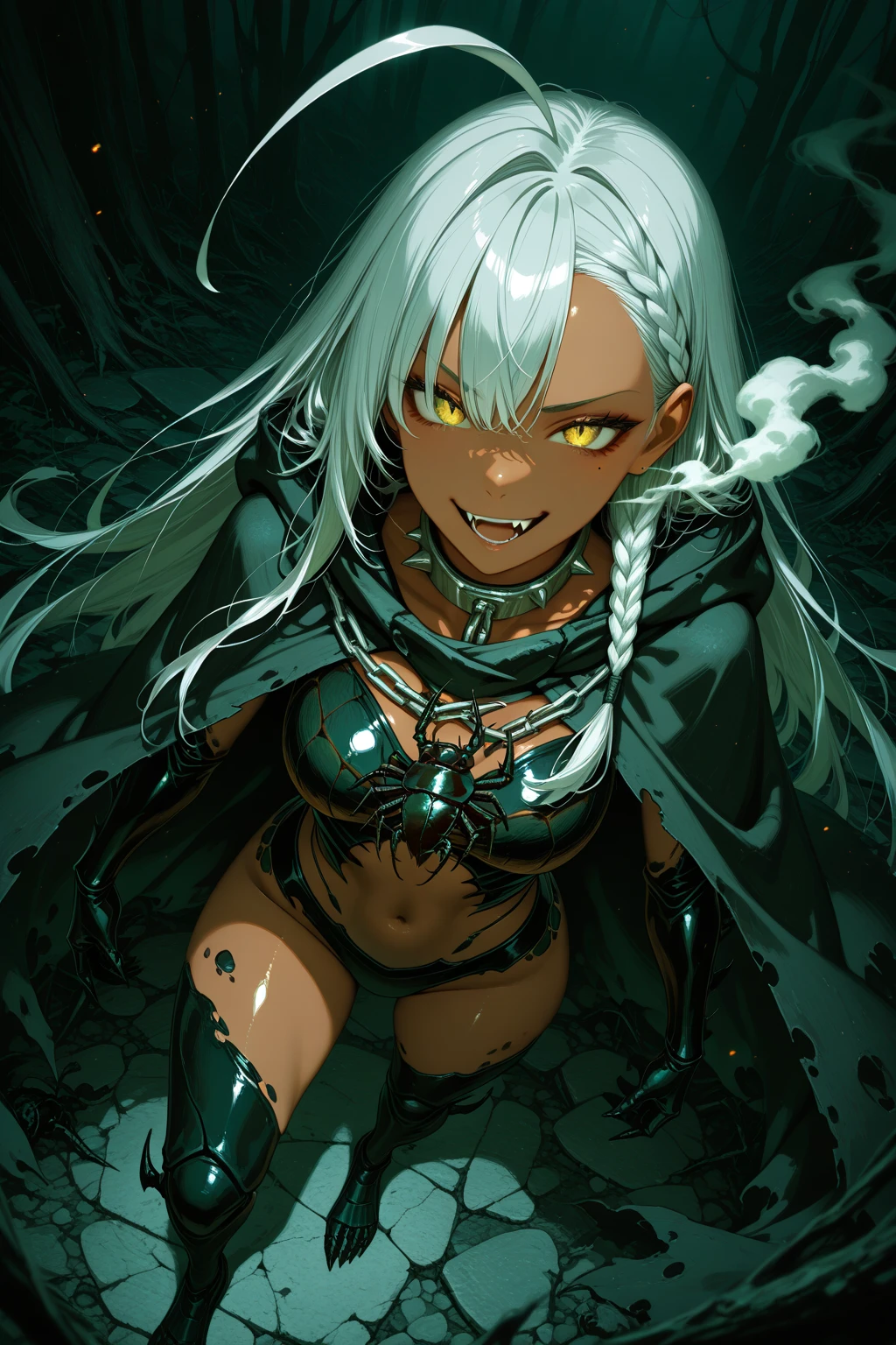 One girl、Portraiture、Female savage、Green Skin、horn、White Hair、(Long Hair:1.3)、Fur armor、Red eyes、Glowing Eyes、(Facial blemishes:1.2)、chest、(Muscular、Abdominal muscles)、Blood on the skin、magic、energy、Blue Flame、Dark forest in the background、Slender body、Savage clothing