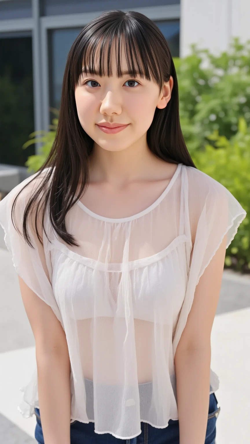 neat college girl、petite person、(summer clothing、shortsleeves)、(Slimed、small tit、flat boobs)、 ((accurate hands without incongruity,Precise feet without discomfort)),((White panties are visible from the skirt)),Photorealsitic,detaileds, Skin texture, ultra-detailliert、Delicate and sexy collarbone、cute smile face、Super detailed face、detailed lips、A detailed eye、二重まぶた、Sitting on legs bending the knees、squatting、、sexy pose