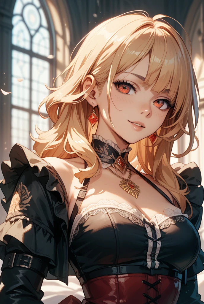 (masterpiece, top quality, very aesthetic, 4k、), (sketch)、intricate detail, 1woman,solo,contrapposto 、(gradient eyes、tareme)、Strong glowing eyes、asymmetrical bangs,Fair skin,(upper body)、beautiful women、Cleavage、happy、(red lipstick),beautiful face、(gradient hair)、(blonde hair)、low ponytail、sidelock ,,green eyes、Evening Dresses、medium breasts、slender 、