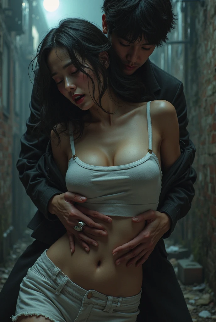 Beautiful sensual and erotic naked topless tomb raider with thick thighs and a curvy body, wearing black tomb raider shorts, large earrings, tied overhead by cuffs, touched by a man beside her, ((topless)), ((wearing a necklace)), ((a man grabbing her breasts)), ((a man grabbing her breasts from behind))