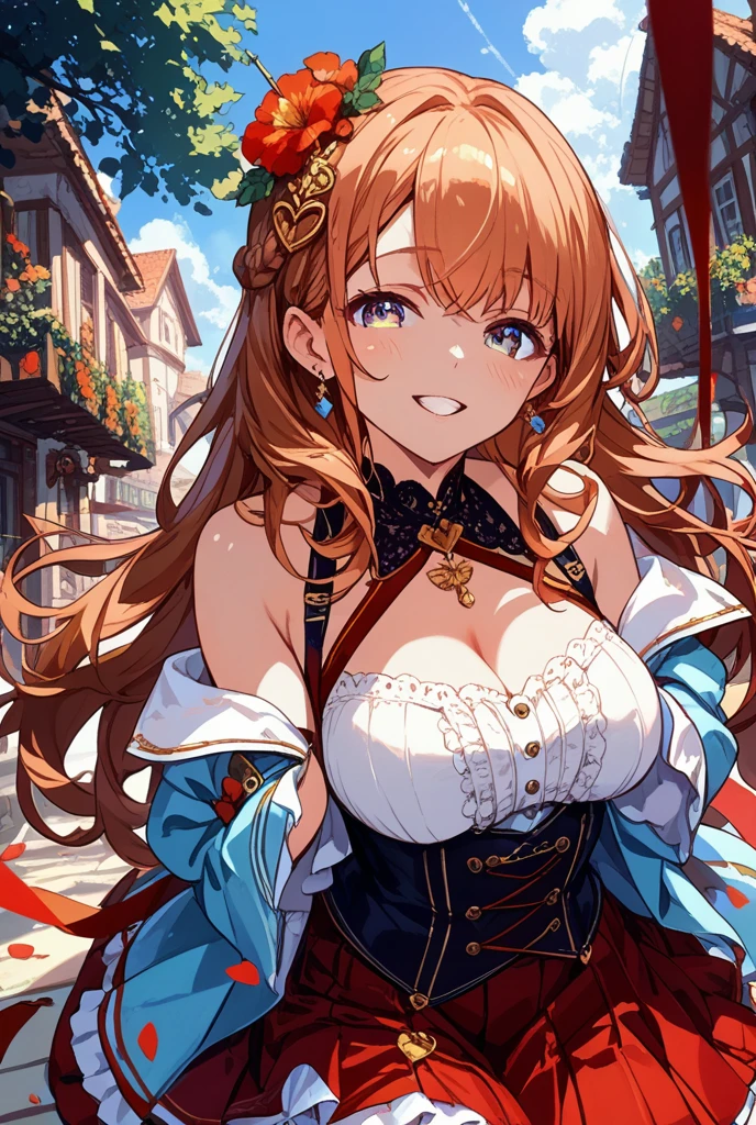 fluffy hair,dark brown hair,((Braided shorthair)),Slightly red tide,((Brown eyes)),(Arched gate decorated with colorful flowers),A building shaped like a birdcage,((Overflowing smiles)),(((close up of face))),(Her chest is wide open and you can see her cleavage.),((dance with arms wide open)),((Close both eyes)),(he is smiling with his mouth wide open.),((Colorful confetti)),(Festive atmosphere),