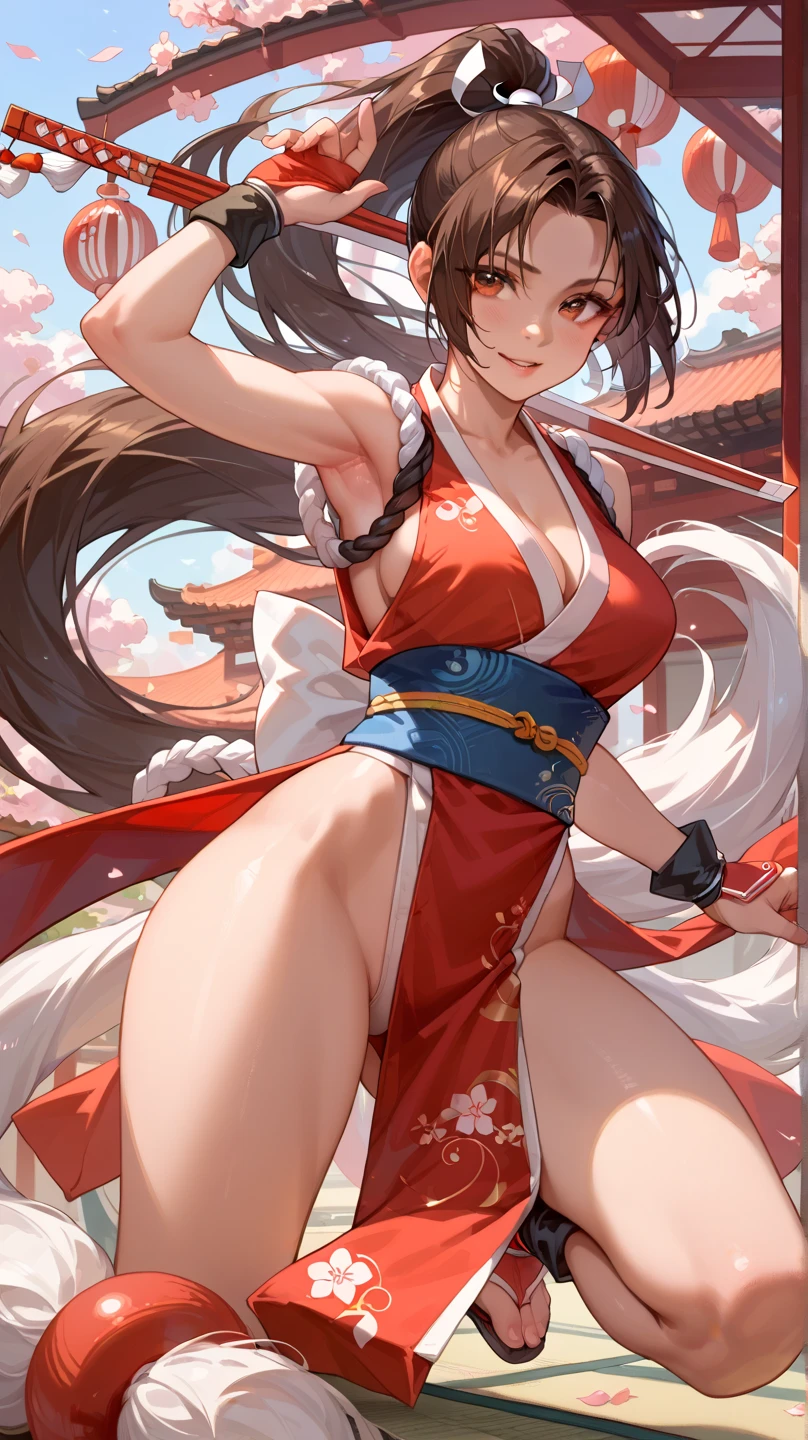 Dive into the world of Ukiyo-e and depict an Asian warrior maiden in this traditional Japanese art style. Utilize delicate lines, soft colors, and a sense of movement to capture the grace and elegance of the warrior. Emphasize the intricate details of her attire and weaponry, while maintaining a balance between realism and stylization. Incorporate elements of nature, such as cherry blossoms or flowing water, to enhance the overall composition and evoke a sense of tranquility.