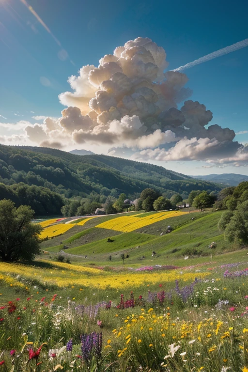 ，masterpiece, best quality，8k, ultra highres，Reallightandshadow，Cinema lenses，On screen，A vast grassland unfolds before you。The green meadows are dotted with wildflowers，Like a colorful carpet。White clouds in the sky，A gentle breeze blows the clouds，Cast a patch of shade。The mountains in the distance lie quietly，Like a sleeping giant。Occasionally，Several small birds flew up from the grass，Draw a beautiful arc in the air。