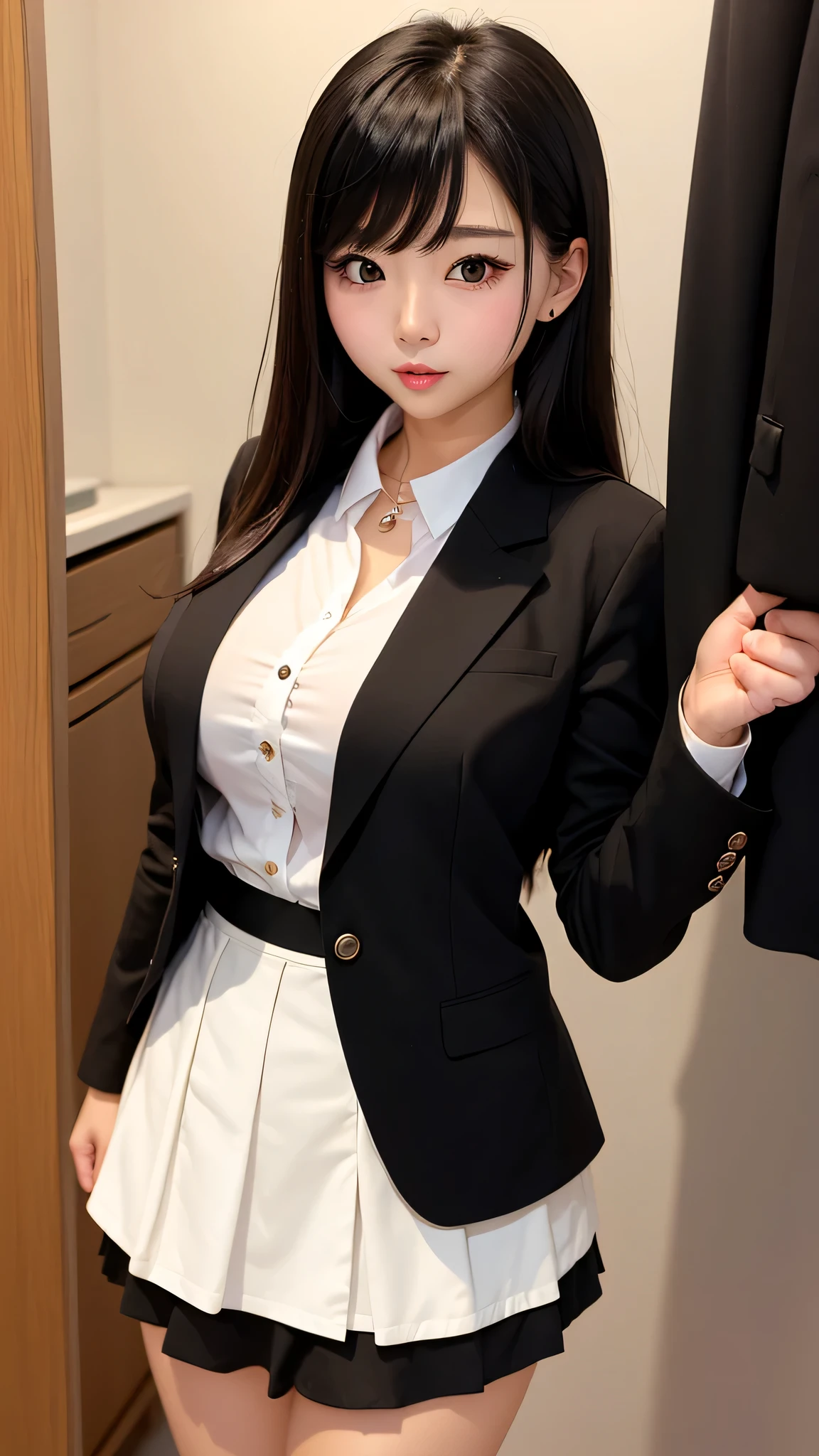 ((high quality)), ((Tabletop)), (Detailed face), (highlight),　Asian Girl、Big breasts、thigh、Black Hair、Heavy bangs、high school girl、skirt、blazer、