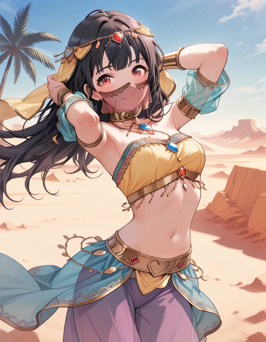 1girl, Angle from below:1.8, (((close up crotch:1.2))), The girl bends forward to show off her breasts、legs apart, (Blade), (Tanned shiny black skin:1.6)、Glowing Eyes, ((Sexy evil grin)), (10 years old girl), blondes、Twin tails、forehead、Small breasts, hat, ((((arabian clothes, see-through)), (microphone headband), (Areola Slip), small breasts, (jewelry)))、desert, ((sahara))、((Arabian Dance))、(手を頭の後ろで組む)、arm pit, covered nipples, thighs, ((handjob)), 1boy, penis, ((eject cum)), 